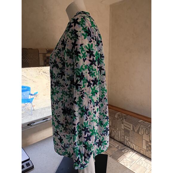 TALBOTS XL Green Blue Floral Cotton Blouse Quietlux Resort Coastal Grandma - Picture 7 of 10